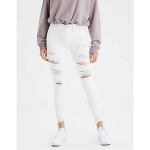 AEO White Wash Jeans Women 2 Super Hi Rise Denim Destroyed Blown Out Distressed